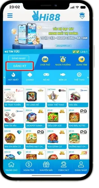 Bước 1: Vào link Hi88 → Nhấn chọn " Đăng Ký ".